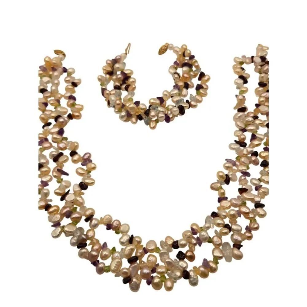 Vintage Freshwater Pearl Gemstone Necklace Bracelet Set Multicolor 14K Gold Clas